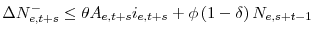\displaystyle \Delta N_{e,t+s}^{-}\leq \theta A_{e,t+s}i_{e,t+s}+\phi \left( 1-\delta\right) N_{e,s+t-1}