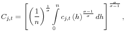 \displaystyle C_{j,t}=\left[ \left( \frac{1}{n}\right) ^{\frac{1}{\sigma}}\int \limits_{0}^{n}c_{j,t}\left( h\right) ^{\frac{\sigma-1}{\sigma}}dh\right] ^{\frac{\sigma}{\sigma-1}},
