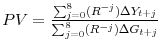  PV=\frac{\sum_{j=0}^8 (R^{-j}) \Delta Y_{t+j}}{\sum_{j=0}^8 (R^{-j}) \Delta G_{t+j}}