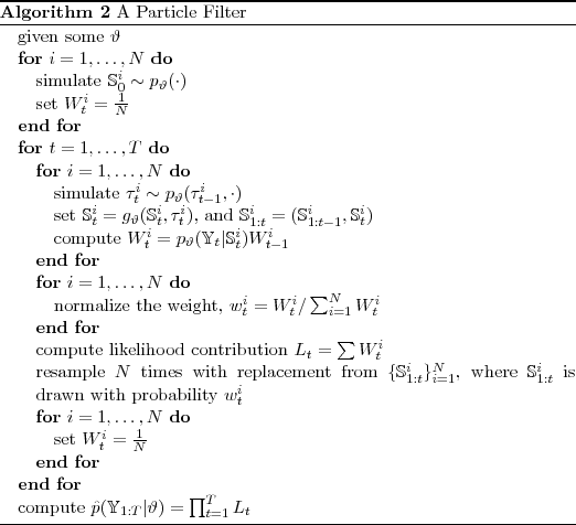 \begin{algorithm} % latex2html id marker 1967\caption{A Particle Filter} \begi... ...}_{1:T}\vert\vartheta) = \prod_{t=1}^{T} L_{t}$ \end{algorithmic}\end{algorithm}