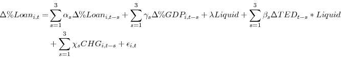 \begin{displaymath}\begin{split}\Delta\%Loan_{i,t} = &\sum_{s=1}^{3} \alpha_{s}\Delta\%Loan_{i,t-s}+\sum_{s=1}^{3}\gamma_{s}\Delta\%GDP_{i,t-s}+\lambda Liquid +\sum_{s=1}^{3} \beta_{s}\Delta TED_{t-s}*Liquid\\ & +\sum_{s=1}^{3} \chi_{s}CHG_{i,t-s} + \epsilon_{i,t} \end{split}\end{displaymath}
