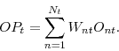 \begin{displaymath} OP_{t}=\sum_{n=1}^{N_{t}}W_{nt}O_{nt}. \end{displaymath}
