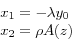 \begin{displaymath}\begin{array}{l} {x_{1} =-\lambda y_{0} } \\ {x_{2} =\rho A(z)} \end{array}\end{displaymath}