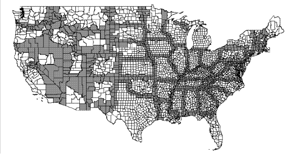 Figure 2. U.S. County Map showing border counties. Figure 2 is a map of United States Counties. The map is restricted to the continental United States, not showing Hawaii or Alaska. The map delineates the boundaries between all of the counties, and the counties are shaded one of two colors. Counties that are on a border with another US state are shaded gray, while all other counties are shaded white. White-shaded counties include counties that are on the interior of a state, or are on an international border (Canada, Mexico, Pacific Ocean, Atlantic Ocean, Gulf of Mexico). The purpose of the map is to provide a visual aid in understanding which counties are included in the analysis (only border counties) and which counties are being compared (cross-border pairs of counties).