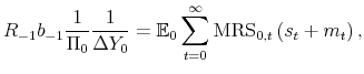 \displaystyle R_{-1}b_{-1}\frac{1}{\Pi_0} \frac{1}{\Delta Y_0} = \mathbb{E}_0 \sum_{t=0}^\infty \textrm{MRS}_{0,t} \left(s_t + m_t \right),