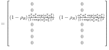 \displaystyle = \begin{bmatrix}0 & 0 \\ 0 & 0 \\ (1-\rho_R)\frac{\alpha_1^y\alpha_2^y\exp(\alpha_2^y\alpha_3^y)}{(1+\exp(\alpha_2^y\alpha_3^y))^2} & (1-\rho_R)\frac{\alpha_1^\pi\alpha_2^\pi\exp(\alpha_2^\pi\alpha_3^\pi)}{(1+\exp(\alpha_2^\pi\alpha_3^\pi))^2} \\ 0 & 0 \\ 0 & 0 \\ 0 & 0 \\ 0 & 0 \end{bmatrix}