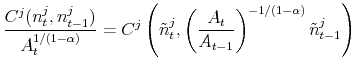 \displaystyle \frac{C^j(n^j_t,n^j_{t-1})}{A_t^{ 1/(1-\alpha)}} = C^j\left(\tilde{n}^j_t,\left(\frac{A_t}{A_{t-1}}\right)^{-1/(1-\alpha)}\tilde{n}^j_{t-1}\right)