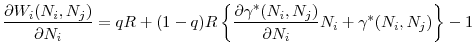 \displaystyle \frac{\partial W_{i}(N_{i},N_{j})}{\partial N_{i}}=qR+(1-q)R\left\{ \frac{% \partial \gamma ^{\ast }(N_{i},N_{j})}{\partial N_{i}}N_{i}+\gamma ^{\ast }(N_{i},N_{j})\right\} -1