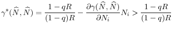 \displaystyle \gamma^{\ast}(\widehat{N},\widehat{N})=\frac{1-qR}{(1-q)R}-\frac{\partial\gamma(\widehat{N},\widehat{N})}{\partial N_{i}}N_{i}>\frac{1-qR}{(1-q)R}