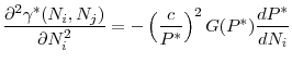 \displaystyle \frac{\partial ^{2}\gamma ^{\ast }(N_{i},N_{j})}{\partial N_{i}^{2}}=-\left( \frac{c}{P^{\ast }}\right) ^{2}G(P^{\ast })\frac{dP^{\ast }}{dN_{i}}