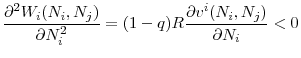 \displaystyle \frac{\partial ^{2}W_{i}(N_{i},N_{j})}{\partial N_{i}^{2}}=(1-q)R\frac{% \partial v^{i}(N_{i},N_{j})}{\partial N_{i}}<0