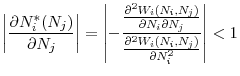 \displaystyle \left\vert \frac{\partial N_{i}^{\ast }(N_{j})}{\partial N_{j}}\right\vert =\left\vert -\frac{\frac{\partial ^{2}W_{i}(N_{i},N_{j})}{\partial N_{i}\partial N_{j}}}{\frac{\partial ^{2}W_{i}(N_{i},N_{j})}{\partial N_{i}^{2}}}\right\vert <1
