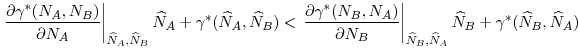 \displaystyle \left. \frac{\partial \gamma ^{\ast }(N_{A},N_{B})}{\partial N_{A}}% \right\vert _{\widehat{N}_{A},\widehat{N}_{B}}\widehat{N}_{A}+\gamma ^{\ast }(\widehat{N}_{A},\widehat{N}_{B})<\left. \frac{\partial \gamma ^{\ast }(N_{B},N_{A})}{\partial N_{B}}\right\vert _{\widehat{N}_{B},\widehat{N}_{A}}% \widehat{N}_{B}+\gamma ^{\ast }(\widehat{N}_{B},\widehat{N}_{A})