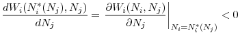 \displaystyle \frac{dW_{i}(N_{i}^{\ast }(N_{j}),N_{j})}{dN_{j}}=\left. \frac{\partial W_{i}(N_{i},N_{j})}{\partial N_{j}}\right\vert _{N_{i}=N_{i}^{\ast }(N_{j})}<0