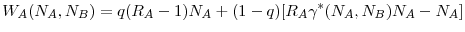 \displaystyle W_{A}(N_{A},N_{B})=q(R_{A}-1)N_{A}+(1-q)[R_{A}\gamma ^{\ast }(N_{A},N_{B})N_{A}-N_{A}]