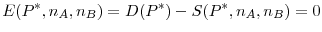 \displaystyle E(P^{\ast },n_{A},n_{B})=D(P^{\ast })-S(P^{\ast },n_{A},n_{B})=0