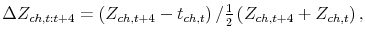  \Delta Z_{ch,t:t+4}=\left(Z_{ch,t+4}-t_{ch,t}\right)/\frac{1}{2}\left(Z_{ch,t+4}+Z_{ch,t}\right),