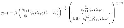\displaystyle q_{t+1}=\beta\left(\frac{\tilde{c}_{t+1}}{\tilde{c}_{t}}\psi_{t}R_{t+1}(1-\tilde{c}_{t})\right)^{-\frac{1}{\epsilon}}\left(\frac{\tilde{c}_{t+1}^{\frac{1}{1-\epsilon}}\psi_{t}R_{t+1}}{\mathbb{CE}_{t}\left[\tilde{c}_{t+1}^{\frac{1}{1-\epsilon}}g_{t+1}^{i}R_{t+1}\right]}\right)^{\frac{1}{\epsilon}-\gamma} 