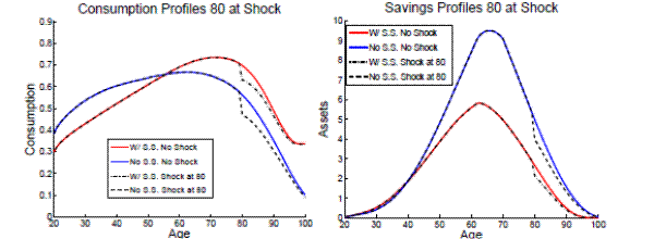 Figure 11: Changes in the Avg. Profiles for an Agent Age 80 at the Time of the Shocks. Two panels. The left panel shows the consumption profile for the benchmark and counterfactual models with and without a shock occurring at age 80. The red line denotes the benchmark model without a shock and begins at .3 at age 20, increasing smoothly (surpassing the counterfactual at age 55 around .61) until a peak of approximately .72 at age 72. It declines at an increasing rate until levelling off around age 95 at .3, and remaining flat until 100. The benchmark model with a shock, a black dot-dash-dot line, tracks with the normal benchmark model until age 80, when the shock occurs. It drops immediately about .07 in the first year to .6 before declining and slowly re-converging with the normal benchmark model by age 95 at .3. The counterfactual model with no shock, a blue line, begins at .4 at age 20 and increases in a concave manner until a peak of about .62 at age 65, and then begins declining at an accelerating rate until reaching .1 at 100. Similarly, the counterfactual model with a shock at age 80 (a black, dashed line) is identical until age 80. Immediately following the shock, consumption drops .08 and then begins a steady decline to .1 at age 100. The right panel maps out the savings profiles for the same four models. The savings profile for the benchmark model without a shock begins at 0 at age 20, rises in an accelerating manner to 2 at age 40, continues upward at a constant rate until peaking around age 62 around .55, and then declines in a constant manner to 0 by age 95, where it remains until age 100. The benchmark model with a shock at age 80 is identical until the shock. Following the shock, savings decline immediately about .5 from 2.7 to 2.2 and then decline to 0 by age 95 below the trend of the no-shock benchmark. The counterfactual model with no shock begins at 0 at age 20 and rises in a concave manner to 2 at age 40, and then rises to a peak of 9.5 around age 62. It then steadily declines to a low of 0 by age 100. The counterfactual model without a shock is identical until age 80, at which point it drops immediately by 1 within a year, and then move steadily toward 0 at age 100.