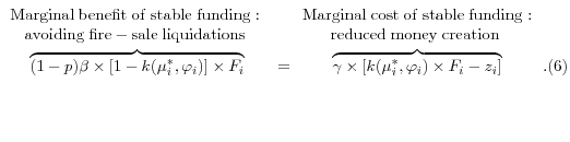 \displaystyle \overbrace{(1-p)\beta \times \left[1-k(\mu _{i}^{*} ,\varphi _{i} )\right]\times F_{i} }^{\begin{array}{c} {{\rm Marginal\; benefit\; of\; stable\; funding:\; }} \\ {{\rm avoiding\; fire-sale\; liquidations}{\rm\; }} \end{array}}=\overbrace{\gamma \times \left[k(\mu _{i}^{*} ,\varphi _{i} )\times F_{i} -z_{i} \right]}^{\begin{array}{c} {{\rm Marginal\; cost\; of\; stable\; funding:}} \\ {{\rm reduced\; money\; creation}{\rm\; }} \end{array}}. (6)