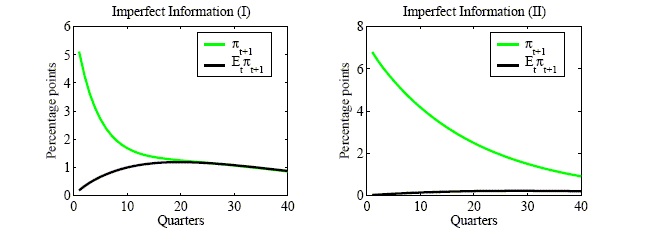 Figure 2 has two panels for impulse response functions (IRFs) over the first 40 periods.  The left panel is for imperfect information (I), the right panel is for imperfect information (II), and each panel compares the IRF for the expected inflation rate with the IRF for the realized inflation rate.  In the left panel, the IRF for the expected inflation rate creeps upward to about 1.5% at 20 quarters and then declines, whereas the IRF for the realized inflation rate declines from about 5% initially to about 1.5% at 20 quarters out and then follows the first IRF closely.  In the right panel, the IRF for the expected inflation rate creeps upward from near zero to a few tenths of a percentage point, whereas the IRF for the realized inflation rate declines steadily from about 6.5% to around 1%.