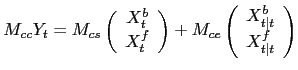 $\displaystyle M_{cc} Y_{t}= M_{cs} \left( \begin{array}[c]{c} X^{b}_{t}\\ X^{f}... ...ft( \begin{array}[c]{c} X^{b}_{t\vert t}\\ X^{f}_{t\vert t} \end{array} \right)$