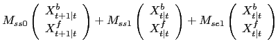 $\displaystyle M_{ss0} \left( \begin{array}[c]{c} X^{b}_{t+1\vert t}\\ X^{f}_{t+... ...ft( \begin{array}[c]{c} X^{b}_{t\vert t}\\ X^{f}_{t\vert t} \end{array} \right)$