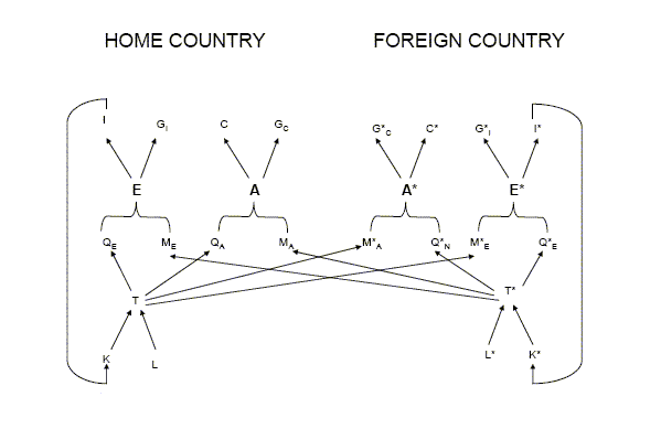 Figure 1 is a flow diagram for economic components in the home country (no asterisk; left-hand side) and the foreign country (with asterisk; right-hand side).  Five rows across four column blocks give different levels of aggregation and components.  The second row is the key row, with home investment (E) and nontradable consumption (A), and nontradable consumption (A*) and foreign investment (E*).  Each of those items splits in two on the first row: $E$ into $I$ and $G_I$, $A$ into $C$ and $G_C$,  $A^*$ into $G^*_C$ and $C^*$, and $E^*$ into $G^*_I$ and $I^*$.  Each of the four items in the second row is also associated with two items in the third row: $Q_E$ and $M_E$ for $E$, $Q_A$ and $M_A$ for $A$, $M^*_A$ and $Q^*_N$ for $A^*$, and $M^*_E$ and $Q^*_E$ for $E^*$.  The fourth row has two variables: $T$ and $T^*$.  The variable $T$ has arrows to $Q_E$, $Q_A$, $M^*_A$, and $M^*_E$ in the third row.  The variable $T^*$ has arrows to $M_E$, $M_A$, $Q^*_N$, and $Q^*_E$ in the third row.  The fifth row has four variables: $K$ and $L$, which point to $T$; and $L^*$ and $K^*$, which point to $T^*$.