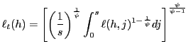 $\displaystyle \ell_{t}(h)=\left[ \left( \frac{1}{s}\right) ^{\frac{1}{\psi}}\int_{0} ^{s}\ell(h,j)^{1-\frac{1}{\psi}}dj\right] ^{\frac{\psi}{\psi-1}}$