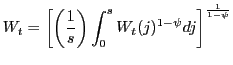 $\displaystyle W_{t}=\left[ \left( \frac{1}{s}\right) \int_{0}^{s}W_{t}(j)^{1-\psi }dj\right] ^{\frac{1}{1-\psi}}$