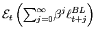 $\displaystyle \mathcal{E}_{t}\left( {\textstyle\sum_{j=0}^{\infty}} \beta^{j}\ell_{t+j}^{BL}\right)$