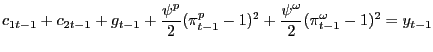 $\displaystyle c_{1t-1} +c_{2t-1} +g_{t-1} +\frac{\psi^{p}}{2}(\pi_{t-1}^{p} -1)^{2} +\frac{\psi^{\omega}}{2}(\pi_{t-1}^{\omega}-1)^{2}=y_{t-1} $