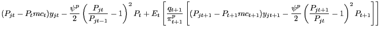 $\displaystyle (P_{jt} -P_{t} mc_{t} )y_{jt} -\frac{\psi^{p}}{2}\left( {\frac{P_{jt} }{P_{jt-1} }-1} \right) ^{2}P_{t} +E_{t} \left[ {\frac{q_{t+1} }{\pi _{t+1}^{p} }\left[ {(P_{jt+1} -P_{t+1} mc_{t+1} )y_{jt+1} -\frac{\psi^{p}} {2}\left( {\frac{P_{jt+1} }{P_{jt} }-1} \right) ^{2}P_{t+1} } \right] } \right] $