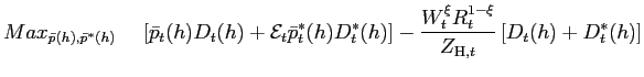 $\displaystyle Max_{\bar{p}(h),\bar{p}^{\ast}(h)}\;\;\;\;\left[ \bar{p}_{t}(h)D_{t} (h)+\mathcal{E}_{t}\bar{p}_{t}^{\ast}(h)D_{t}^{\ast}(h)\right] -\frac {W_{t}^{\xi}R_{t}^{1-\xi}}{Z_{\text{\textsc{H}},t}}\left[ D_{t} (h)+D_{t}^{\ast}(h)\right]$