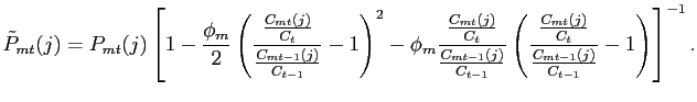 $\displaystyle \tilde{P}_{mt}(j) = P_{mt}(j)\left[ 1 - \frac{\phi_{m}}{2} \left(... ...c{\frac{C_{mt}(j)}{C_{t}}}{\frac{C_{mt-1}(j)}{C_{t-1}}}-1\right) \right] ^{-1}.$