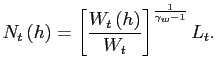 $\displaystyle N_{t}\left( h\right) =\left[ \frac{W_{t}\left( h\right) }{W_{t}}\right] ^{\frac{1}{\gamma_{w}-1}}L_{t}.$