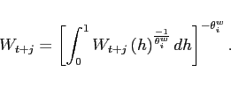 \begin{displaymath} W_{t+j}=\left[ \int_{0}^{1}W_{t+j}{}\left( h\right) ^{\frac{-1}{\theta^w _{i}}}dh \right] ^{-\theta^w _{i}}. \end{displaymath}