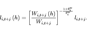 \begin{displaymath} l_{i,t+j}\left( h\right) =\left[ \frac{W_{i,t+j}\left( h\right) }{W_{i,t+j}}\right] ^{-\frac{1+\theta^w _{i}}{\theta^w _{i}}}l_{i,t+j}. \end{displaymath}