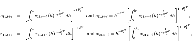 \begin{eqnarray*} c_{11,t+j} &=&\left[ \int_{0}^{1}c_{11,t+j}\left( h\right) ^{\frac{1}{1+\theta _{1}^{pT}}}dh\right] ^{1+\theta _{1}^{pT}} \mbox{ and } c_{21,t+j} =\bar{h}_{1}^{-\theta _{1}^{pT}}\left[ \int_{0}^{\bar{h} _{1}}c_{21,t+j}\left( h\right) ^{\frac{1}{1+\theta _{1}^{pT}}}dh\right] ^{1+\theta _{1}^{pT}}, \ x_{11,t+j} &=&\left[ \int_{0}^{1}x_{11,t+j}\left( h\right) ^{\frac{1}{1+\theta _{1}^{pT}}}dh\right] ^{1+\theta _{1}^{pT}} \mbox{ and } x_{21,t+j} = \bar{h}_{1}^{-\theta _{1}^{pT}}\left[ \int_{0}^{\bar{h} _{1}}x_{21,t+j}\left( h\right) ^{\frac{1}{1+\theta _{1}^{pT}}}dh\right] ^{1+\theta _{1}^{pT}}, \end{eqnarray*}