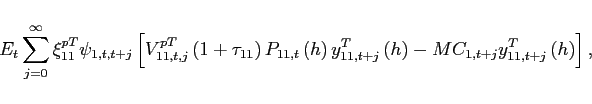 \begin{displaymath} E_{t}\sum_{j=0}^{\infty }\xi _{11}^{pT}\psi _{1,t,t+j}\left[ V_{11,t,j}^{pT}\left( 1+\tau _{11}\right) P_{11,t}\left( h\right) y_{11,t+j}^{T}\left( h\right) -MC_{1,t+j}y^T_{11,t+j}\left( h\right) \right], \end{displaymath}