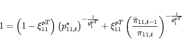 \begin{eqnarray*} 1=\left( 1-\xi _{11}^{pT}\right) \left( p_{11,t}^{\ast }\right) ^{-\frac{1}{ \theta _{1}^{pT}}}+\xi _{11}^{pT}\left( \frac{\bar{\pi}_{11,t-1}}{\pi _{11,t}}\right) ^{-\frac{1}{ \theta _{1}^{pT}}} \end{eqnarray*}
