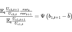 \begin{eqnarray*} \frac{\mathbb{E}_{t}\frac{U_{c2,t+1}}{U_{c2,t}}\frac{rer_{t}}{rer_{t+1}}}{\mathbb{E}_{t}\frac{ U_{c1,t+1}}{U_{c1,t}}}=\Psi \left( b_{1,t+1}-\bar{b}\right) \end{eqnarray*}
