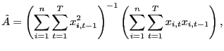 $\displaystyle \hat{A}=\left( \sum_{i=1}^{n}\sum_{t=1}^{T}x_{i,t-1}^{2}\right) ^{-1}\left( \sum_{i=1}^{n}\sum_{t=1}^{T}x_{i,t}x_{i,t-1}\right) , $