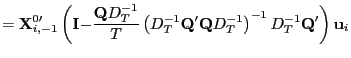$\displaystyle =\mathbf{X}_{i,-1}^{0\prime}\left( \mathbf{I-}\frac{\mathbf{Q}D_{T}^{-1} }{T}\left( D_{T}^{-1}\mathbf{Q}^{\prime}\mathbf{Q}D_{T}^{-1}\right) ^{-1}D_{T}^{-1}\mathbf{Q}^{\prime}\right) \mathbf{u}_{i}$