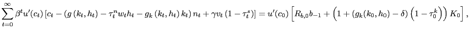 $\displaystyle {\small\sum_{t=0}^{\infty}\beta^{t}u^{\prime }(c_{t})\left[ c_{t}-\left( g\left( k_{t},h_{t}\right) -\tau_{t}^{n} w_{t}h_{t}-g_{k}\left( k_{t},h_{t}\right) k_{t}\right) n_{t}+\gamma v_{t}\left( 1-\tau_{t}^{s}\right) \right] =u^{\prime}(c_{0})\left[ R_{b,0}b_{-1}+\left( 1+\left( g_{k}(k_{0},h_{0})-\delta\right) \left( 1-\tau_{0}^{k}\right) \right) K_{0} \right] ,}$