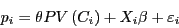 \begin{displaymath} p_i =\theta PV\left( {C_i } \right)+X_i \beta +\varepsilon _i \end{displaymath}