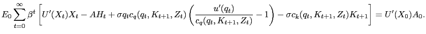 $\displaystyle {\small E_{0} \sum_{t=0}^{\infty} \beta^{t} \left[ U^{\prime}(X_{t}) X_{t} - A H_{t} + \sigma q_{t} c_{q}(q_{t}, K_{t+1},Z_{t}) \left( \frac{u^{\prime}(q_{t})}{c_{q}(q_{t}, K_{t+1},Z_{t})} - 1\right) - \sigma c_{k}(q_{t}, K_{t+1},Z_{t}) K_{t+1} \right] = U^{\prime}(X_{0}) A_{0}.}$