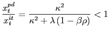 $\displaystyle \frac{x_{t}^{pd}}{x_{t}^{it}}=\frac{\kappa^{2}}{\kappa^{2}+\lambda\left( 1-\beta\rho\right) }<1 $