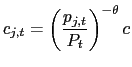 $\displaystyle c_{j,t}=\left( \frac{p_{j,t}}{P_{t}}\right) ^{-\theta}c $