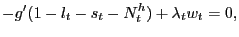 $\displaystyle -g^{\prime}(1-l_{t}-s_{t}-N^{h}_{t}) + \lambda_{t} w_{t} = 0,$